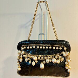 Pearls and Gold Chains Embellished Snakeskin Evening Purse